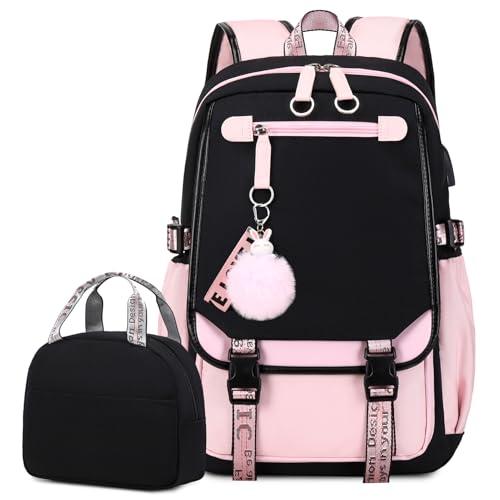 Bevalsa School Backpack for Girls, Backpack with Lunch Box & Pen Case, Bookbag for Girls Kids Elementary Middle High School Student 21L Children Schoolbag