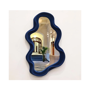 Irregular Wall Mirror Living Room Decor, Decorative Wavy Funky Mirrors with Flocking Touch, Modern Asymmetrical Mirror for Hallway Entryway Staircase Bathroom Bedroom (Dark Blue)