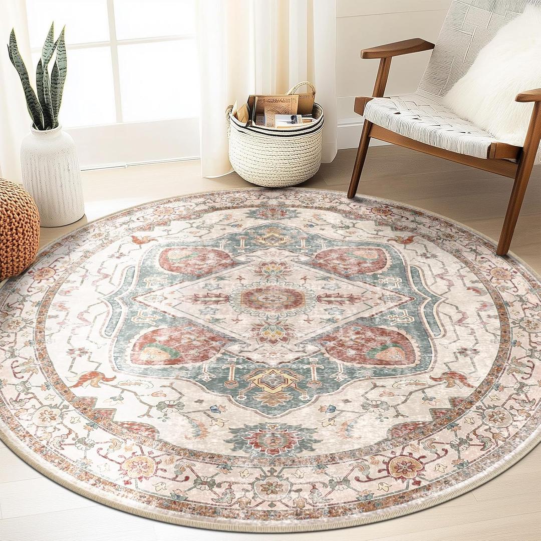 6ft Area Rug Vintage Machine Washable Low Pile Carpet No Shedding Area Rugs for Living Room Bedroom Dining Room Kitchen Entryway Hallway Office Indoor-Brick/Pink