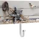 MyGift 3 Hook Coastal Style Wall Mounted Entryway Coat Rack, Decorative Nautical Beach Starfish and Seashell Theme Wood Panel with White Metal Jacket Hanging Hooks