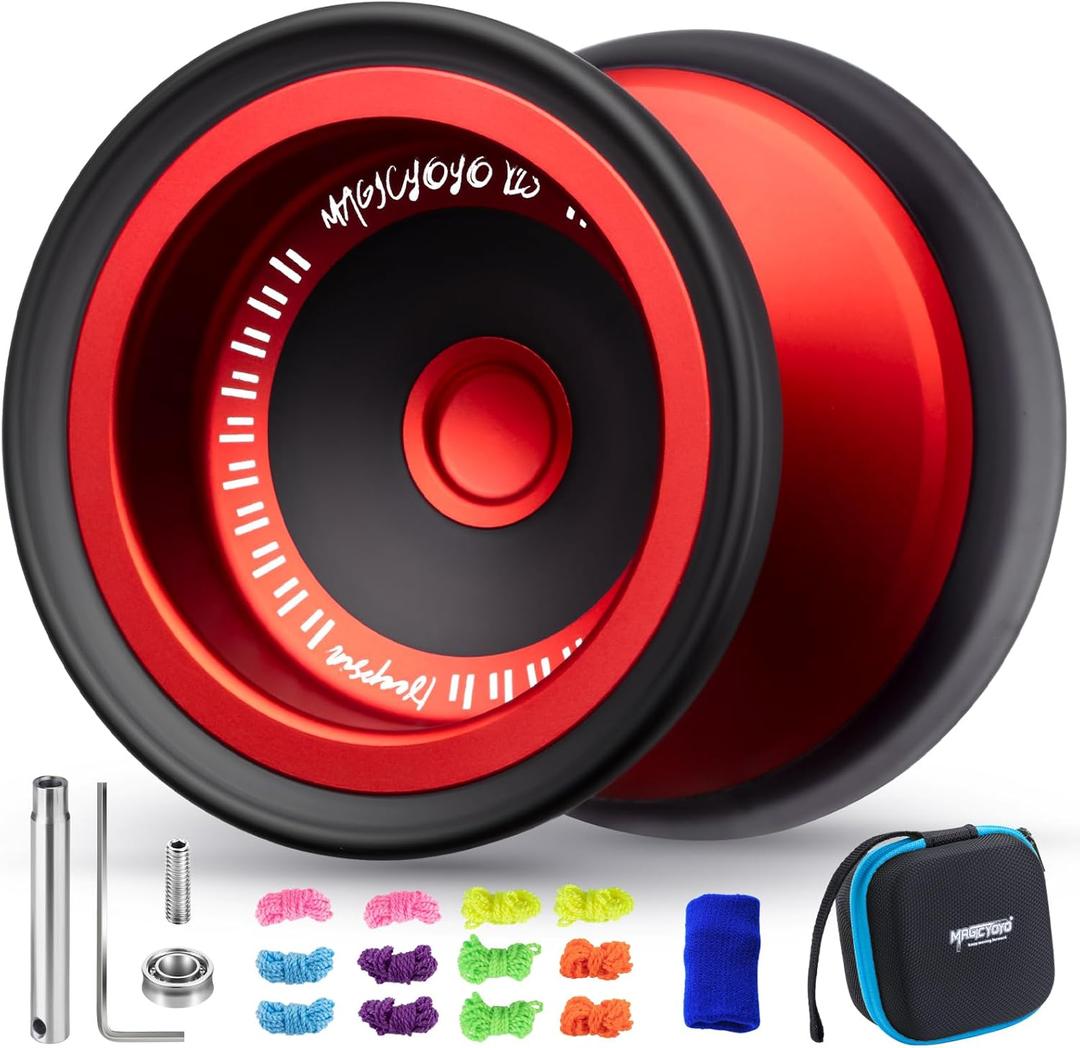 MAGICYOYO V13 DEEPSPIN Bi-Material Yoyo for Kids 8-12, Dual Purpose Professional Yoyo for All Skill Levels, Trick Yo yo with 12 Yo-yo Strings, Finger Brace, Bearing Kit (Red+Black Rings)