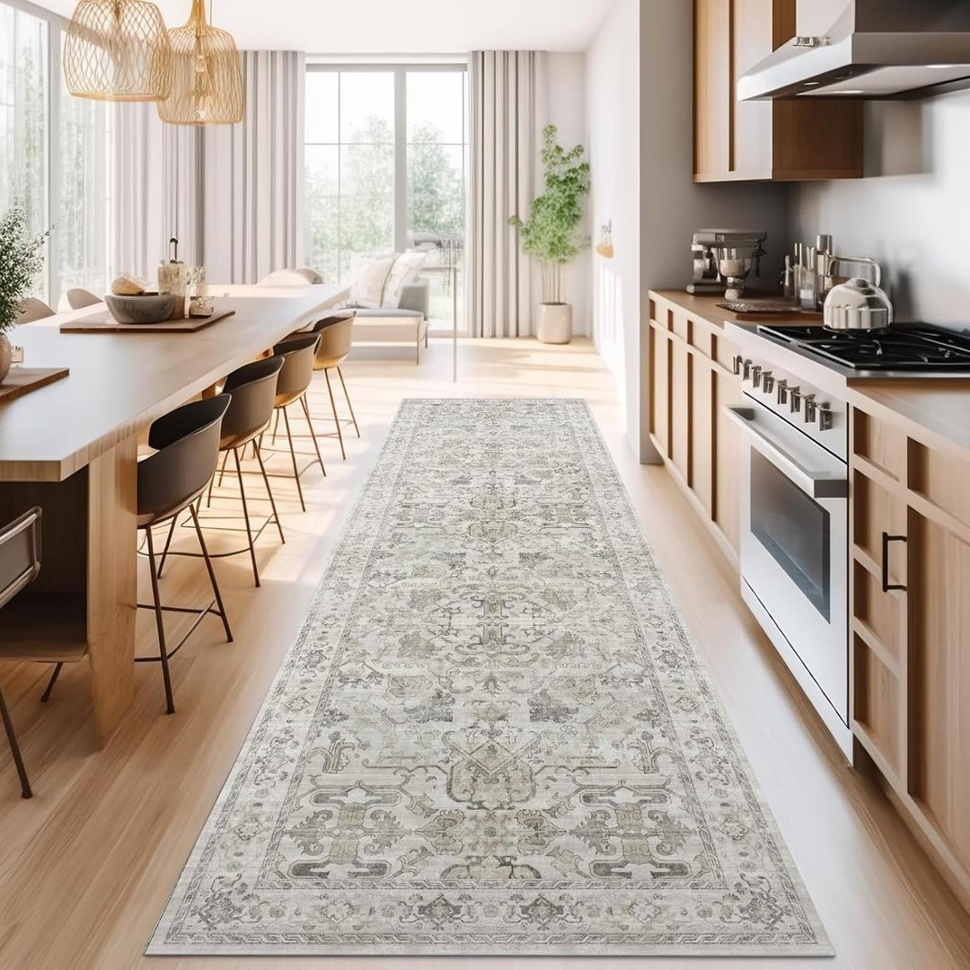 jinchan Hallway Runner Rug 3x8 Machine Washable - Vintage Floral Non-Slip Low-Pile Soft Ultra-Thin Faux Wool Kitchen Rug Distressed Carpet Runner for Farmhouse Bedroom Laundry Room (3x8ft, Taupe)