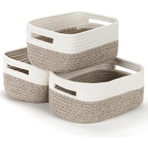 Bidtakay Small Cotton Rope Storage Baskets for Organizing 3 Pack Woven Baskets for Storage Closet Organizer Bins for Shleves 11.8×7.8×5 inch Cute Boho Decorative Basket with Handles - White&Tan