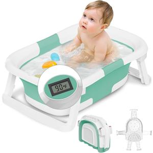 Collapsible Baby Bathtub,Baby Bath Tub with Soft Cushion & Thermometer,Baby Bathtub Newborn to Toddler 0-36 Months,Portable Travel Baby Tub (Blueish Green)
