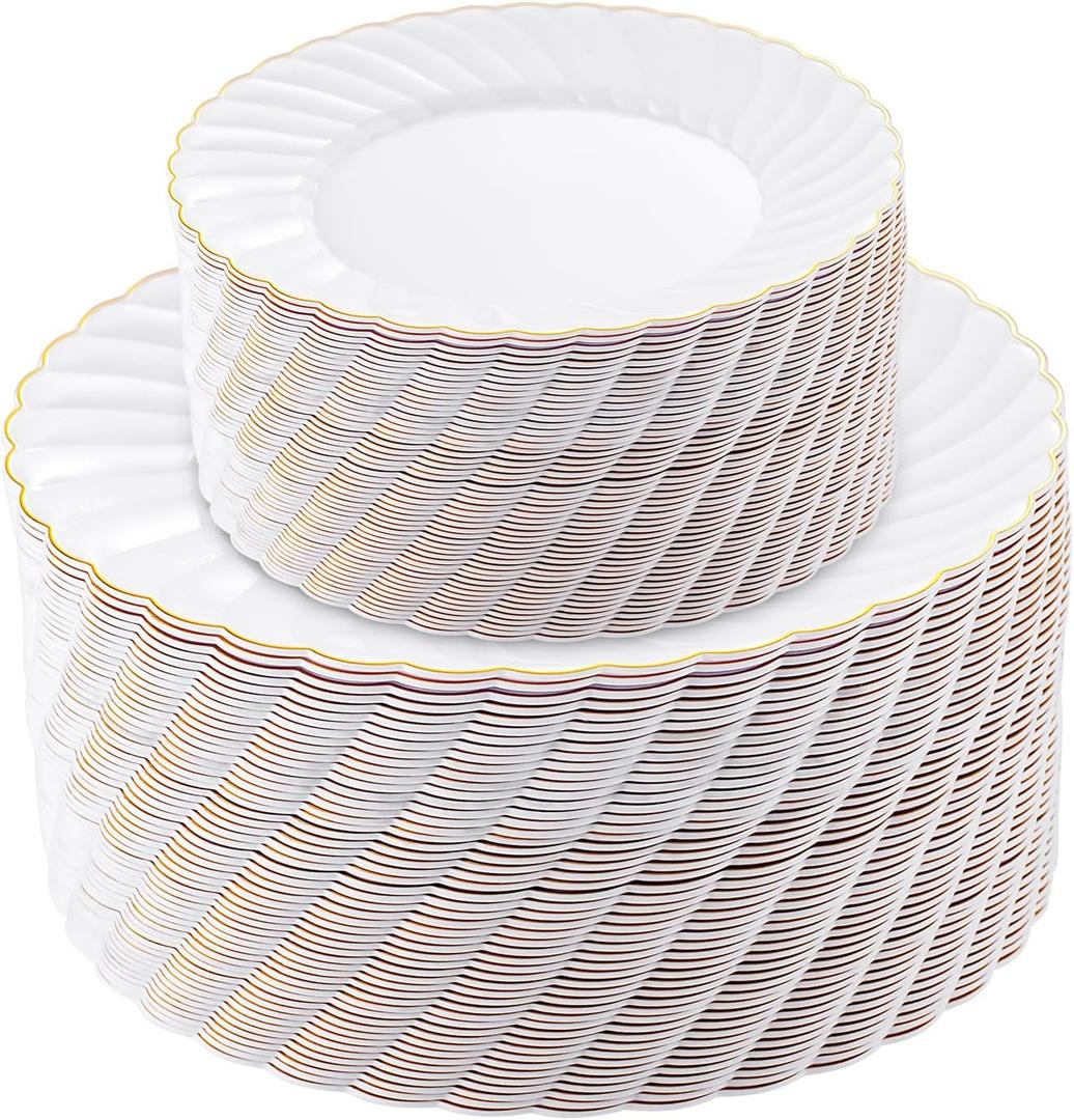 U-QE 100 Pieces Gold Plastic Plates - Premium White Plastic Plates for Party, Wedding and Daily Use Including 50PCS 9 '' Plastic Dinner Plates & 50PCS 6.5 '' Plastic Dessert Plates