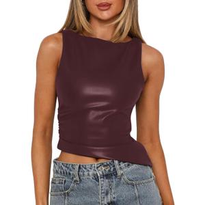 Vivitulip Women's Faux Leather Ruched Tank Top High Neck Sleeveless Cami Shirt (Wine Red)