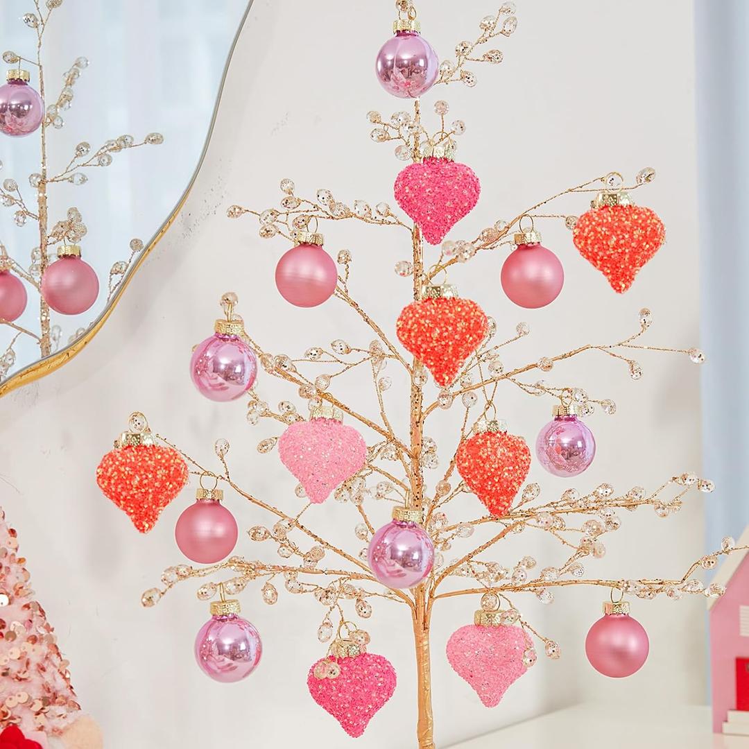 WDS WONDROUS 16Pcs Heart and Ball Ornaments Set, Glitter Pink Orange Christmas Tree Decor with Mixed Finishes for Valentine's Day Wedding Party Decoration