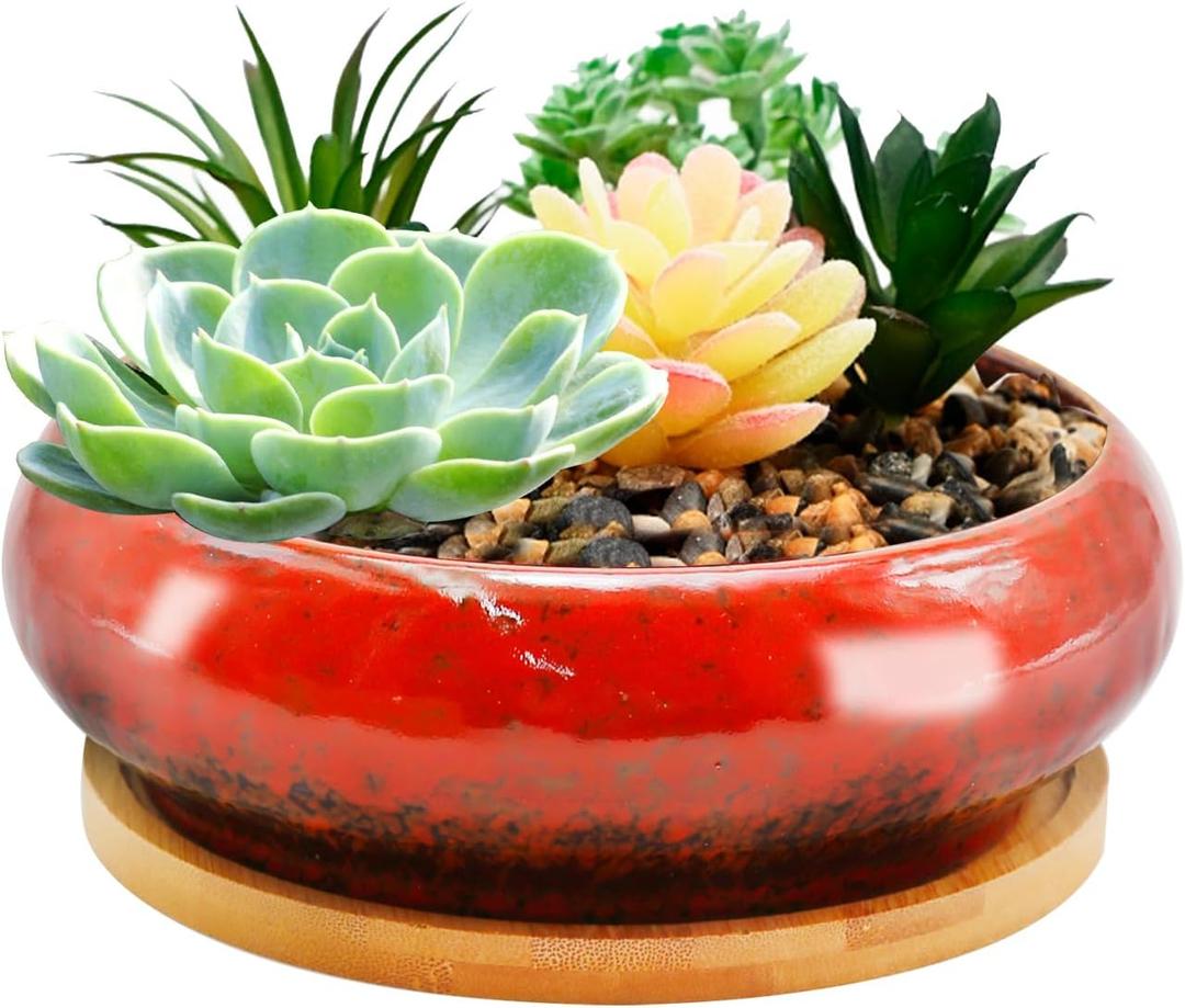 7.4 inch Ceramic Bonsai Pots with Trays Shallow Planters, Succulent Planters with Drainage Hole, Round Large Shallow Pots, Bonsai Pots Garden Decorative Cactus Stand Flower Container (Red)
