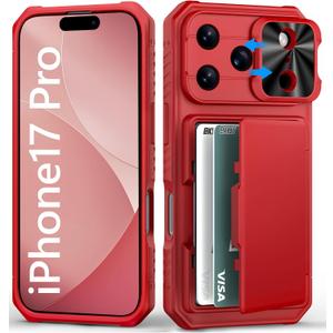 Wallet Case for iPhone 17 Pro, Card Holder (4-5 Cards), Slide Camera Cover, Military Grade Protection, Heavy Duty Women Girly Men Protective Phone Cover for iPhone 17 Pro 6.3" 2025, Red