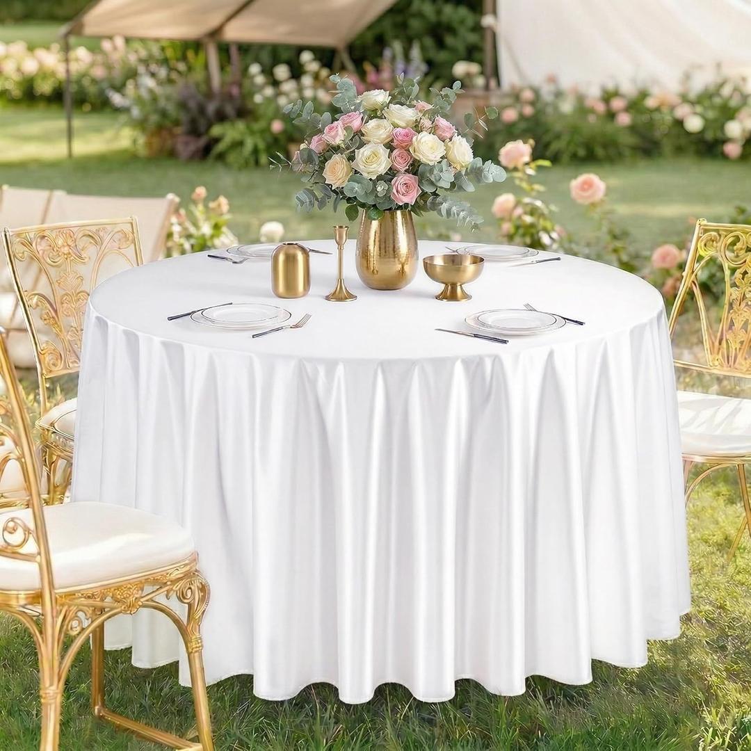 FAVE 6 Pack 120 Inch White Round Satin Tablecloth, Washable & Durable Satin Elegant Table Cover for Wedding Table Cloth Round Cover for Banquet, Party Formal Events(White, 120inch)
