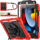 SEYMAC stock Case for iPad 9th/ 8th/ 7th Generation 10.2'', Shockproof with Screen Protector, Pencil Holder [360 Rotating Hand Strap] & Stand, for iPad 10.2 inch 2021-2019 (SiliconeRed+Black)