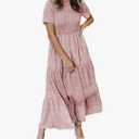 Maggeer Womens 2025 Summer Fall Smocked Wedding Guest Maxi Dress Casual Short Sleeve Floral Boho Flowy Long Dress Small