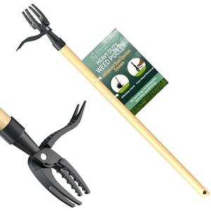 PlantSpawn Manual Stand Up Weed Puller Tool 44" with Long Bamboo Handle – Heavy Duty 4-Claw Wooden Head Weeder for Root Removal – Ergonomic Weeding Tool for Dandelion, Lawn, Yard & Garden Maintenance