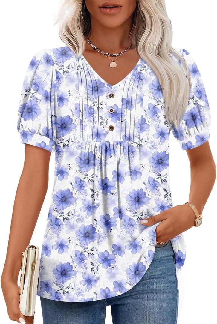 Findsweet Women's Summer Tunic Tops Casual Dressy Blouses Short Sleeve Shirts (White, L)