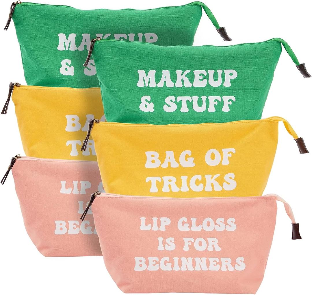 6 Pack Small Canvas Makeup Bags with Zipper for Women, 3 Colors/Designs (8 x 4 x 6 In) (Yellow, Green, Pink)