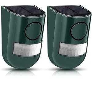 Qualirey Solar Sound and Light Alarm Motion Sensor 129db Outdoor Security Siren Waterproof Activated Detector Driveway Alarm 6 LEDs Flash Warning Deterrent Strobe System for Home, Farm(Green,2 Pack)