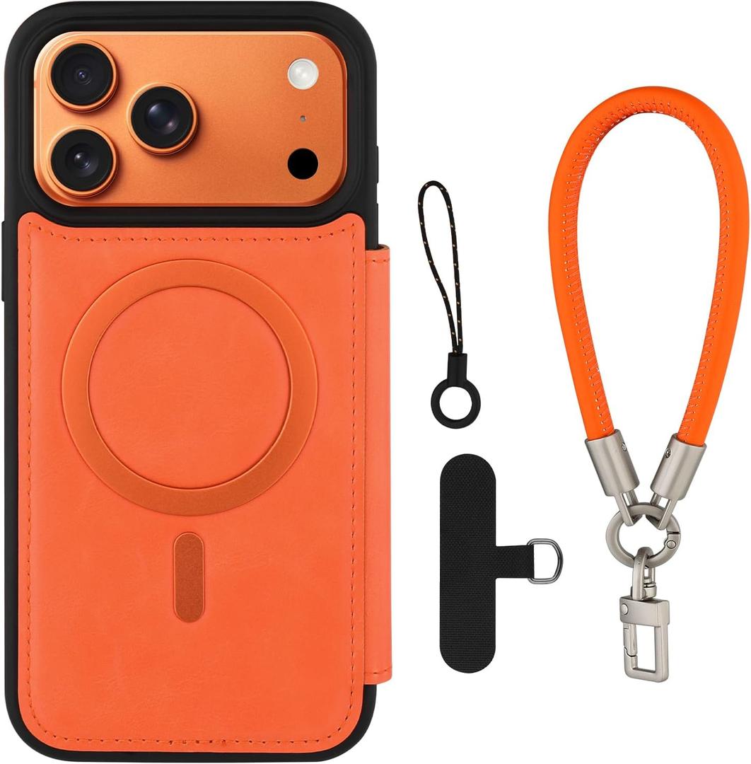 Wallet Phone Case Crafted for iPhone 17 Pro Orange | PU Leather Phone Case Flip Cover Wrist Strap Card Holder Slots