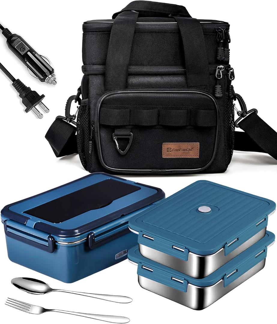 Electric Lunch Box Food Heater 80W Heated LunchBoxes for Adults Work/Car/Truck/Home, 1.8L Portable Food Warmer Heating Lunchbox with Insulated Lunch Bag 12V 24V 110V (Dark Blue)