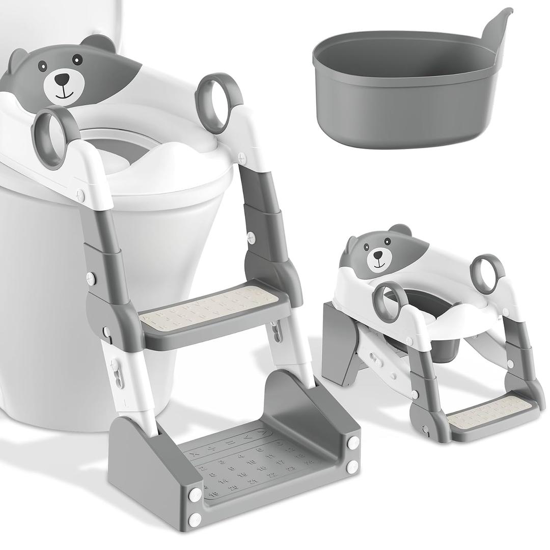Potty Training Seat, 2-in-1 Toddler Toilet Training Seat & Potty Chair for Kids Boys Girls, Height Adjustable Toilet Seat with Splash Guard, Stable Wide Base Design, Anti-Slip Steps Stool