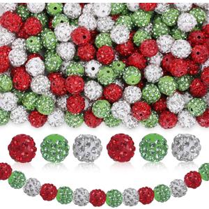JarThenaAMCS 120Pcs Christmas Rhinestone Clay Bead 10mm Red Green White Loose Bead Sparkle Disco Ball Spacer Bead for Xmas Winter DIY Necklaces Bracelet Keychain Jewelry Making