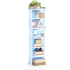 7-Tier Bookshelf, Narrow Bookcase with LED Lights, 47.2 Inch Book Shelf for Small Space, Display Storage Shelf for Living Room, Bedroom, Home Office, Study, White