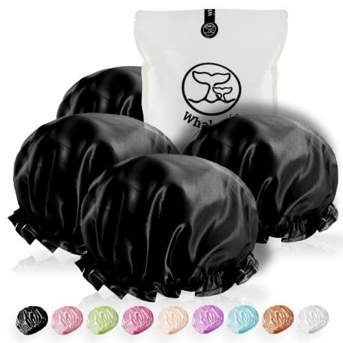 WhaleLife Shower Cap - Black Double-Layer Waterproof Reusable Satin-Lined for Women Men | Fits Thick Hair | Home Spa Travel 4 Pack