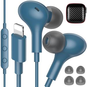 iMangoo for Apple MFi-Certified Headphones for Lightning Wired Earbuds Magnetic Ear Buds with HiFi Bass,3 Ear Tips Mic Corded Earphones for Gym, Commuting for iPhone 14 Plus 13 12 11 Pro Max Lake Blue