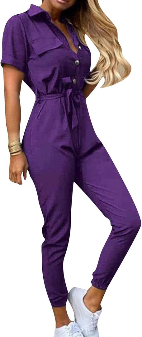 YMING Womens Casual Short Sleeve Jumpsuit Summer Lapel Collar Romper Overalls with Belt Plus Size (Small, Purple)