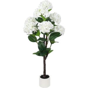 4 FT Artificial Hydrangea Tree- Large Faux Hydrangea Plants Indoor Outdoor，Fake Flower Trees with White Tall Planter for Home Garden,Front Decor