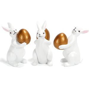 Easter Decorations Bunny Figurines, Set of 3 Elegant White Resin Rabbit Statues with Golden Eggs, Indoor Easter Spring Decorations for Home Tiered Tray Mantel Shelf Decor Tabletop Centerpiece