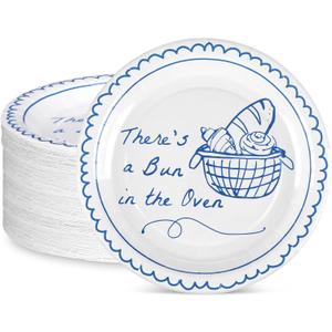 LemonRoad 48 Pcs 9 Inches Bun in the Oven Baby Shower Supplies Paper Plates Disposable Tableware Bun in the Oven Themed Announcement Baby Shower Decoration Hand Drawn for Bread Party