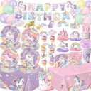 Unicorn Birthday Decorations - Plates, Napkins, Cups, Cutlery, Hanging Swirls, Banner, Honeycomb Centerpiece, Balloons, Tablecloths for Rainbow Girls Birthday Party Decorations, Serves 24