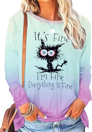 MNLYBABY It's Fine I'm Fine Everything Is Fine Sweatshirt Women Cute Black Cat Tee Tie Dye Cat lover Long Sleeve Top L