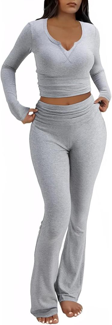 FAIRY SEASON Womens  Fold Over Yoga Flare Pants Pajamas Loungewear Pants (X-Small, Grey)