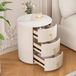 Upholstered Nightstand with 3 Drawers, Round Bedside Table with Metal Handles,Marbling Stickers Top Night Table for Bedroom, Fully Assembled Except Handles (Beige)
