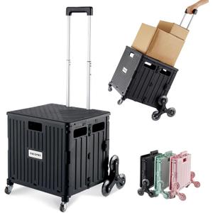 Foldable Utility Cart with Stair Climbing Wheels, Collapsible Rolling Crate with Telescoping Handle, Folding Shopping Trolley Handcart Grocery Book File Tool Teacher Storage Basket (Black)