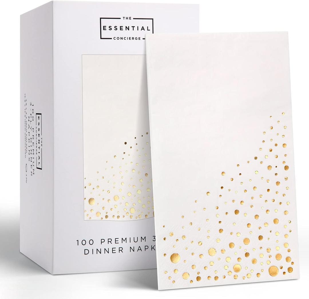 The Essential Concierge 100 Pack Gold & White Disposable Napkins, 7.5 x 4.25 Inch, 3-Ply Paper Napkins for Party, Wedding, or Everyday Use