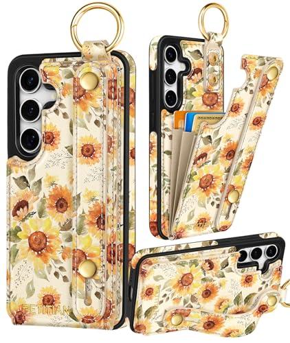 Petitian for Samsung Galaxy S23 FE Case with Wallet - Women Girls Cute Girly Aesthetic Unique Design Leather Credit Card Holder Cardholder Stand Wristband for S23 FE, Sunflower