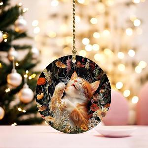 4 x William Morris Inspired Orange Tabby Cat Christmas Ornaments Decorations, Orange Tabby Cat Gifts, Dark Cottagecore Wildflower Kitten Decorative Hanging Ceramic Ornaments for Xmas Tree Party