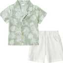 YALLET Toddler Boy Clothes Summer Outfits Short Sleeve Button Down Shirt+Shorts Baby Boy Beach Casual Clothe 1-5 Years (2-3T, Light Green Print)