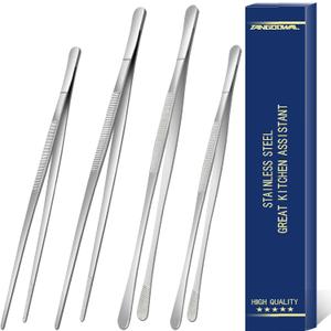 4 Pcs Cooking Tweezers Tongs, 12''&10'' Stainless Steel Food Tongs Set, Professional Kitchen Long Tongs for Cooking,Repairing,Sea food,BBQ,Multi-use