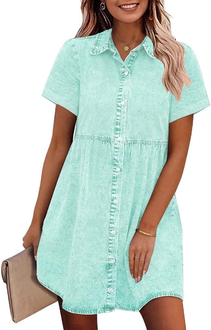GRAPENT Denim Dress for Women Babydoll Tiered Short Sleeve Button Down Jean Shirt Dresses (Large, Verdant Green)
