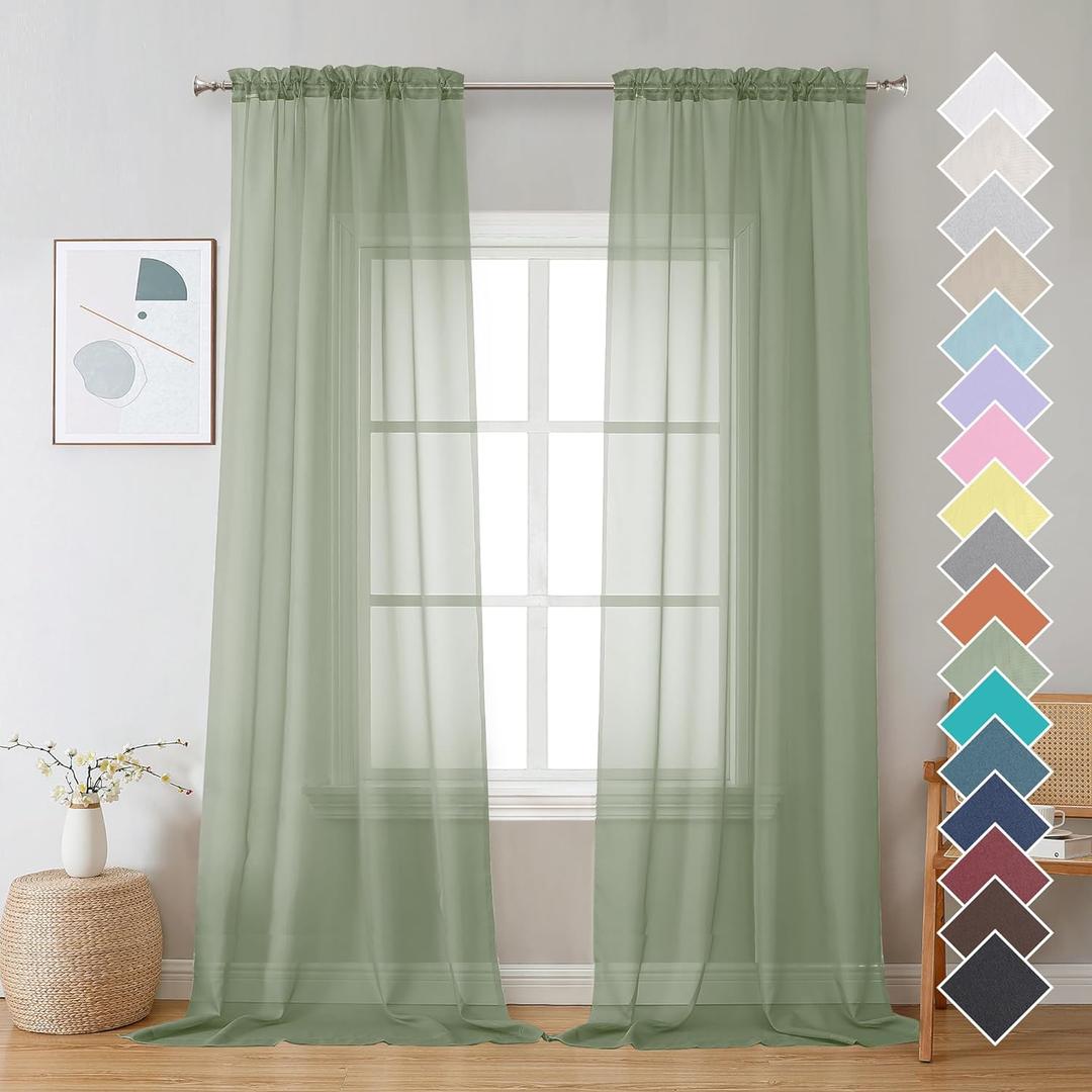 OVZME 2 Pieces Bedroom Curtains 96" Length for Farmhouse, Voile Drapes Light Airy Window Decor for Patio Door Living Room Bedroom Dining, Sage Green, Each W42 X L96 inches, 1 Pair