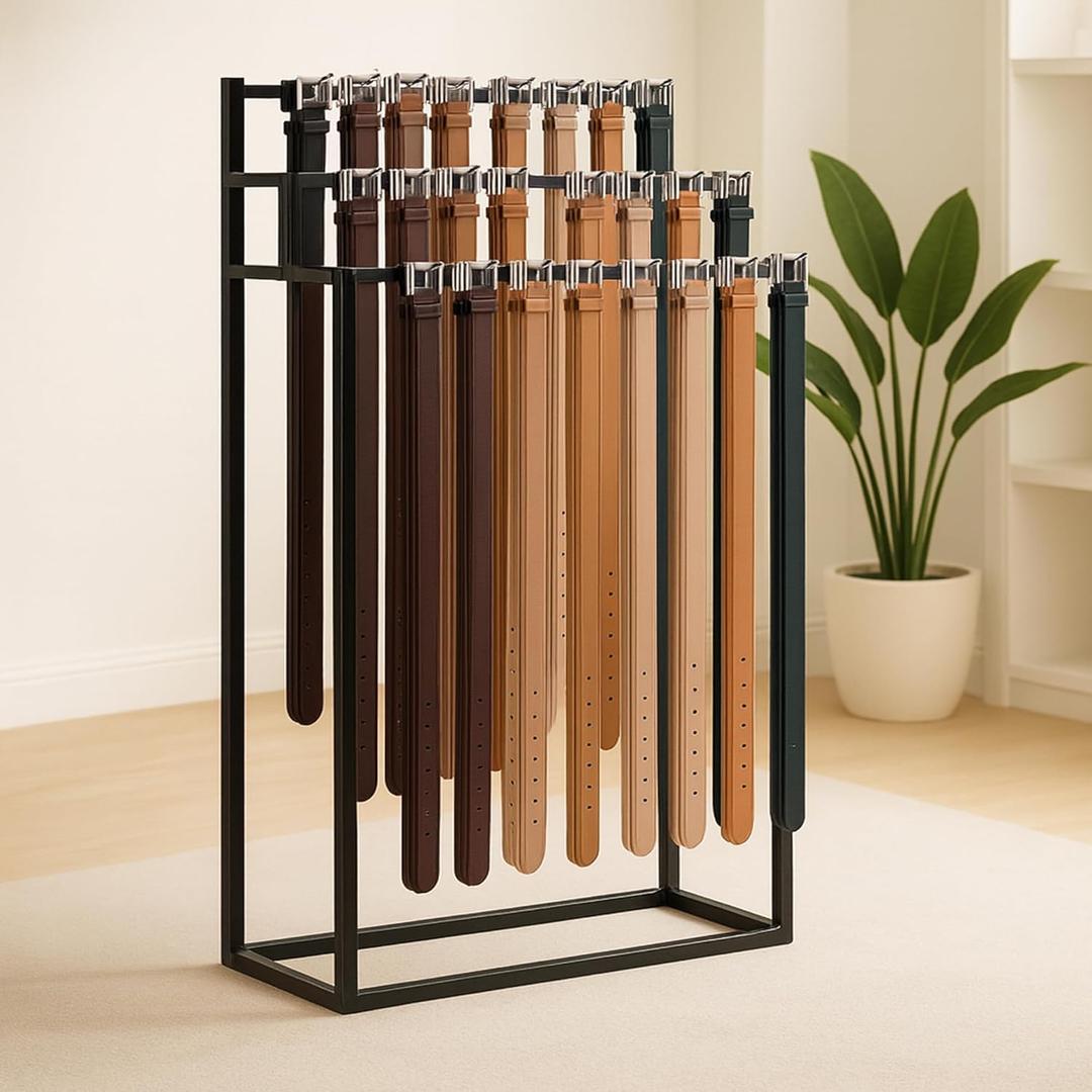 Verssure Retail Belt Display Stand, Floor Mounted Belt Hanger, Metal Men Belts Organizer, Commercial Tie Scarf Purse Display for Clothing Retail and Home (Black)