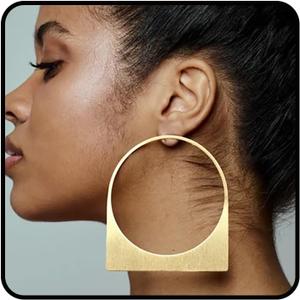 Large Hoop Earrings For Women, 14k Gold Plated Big Chunky Geometric Hollow Brushed Dangle Earring Fashionable Minimalist Gift Jewelry