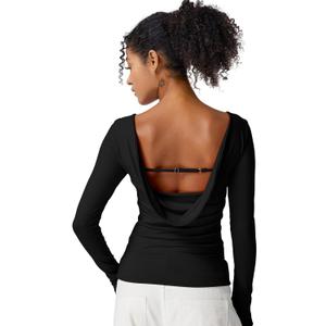 QINSEN Women's Cowl Back Long Sleeve Shirts Boat Neck Double Lined Going Out Tops Stretchy Fitted Casual T-Shirts (Large, Black)