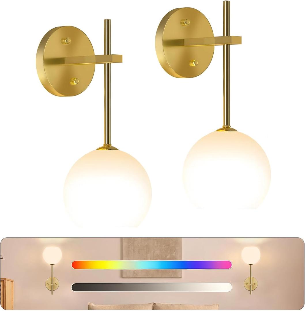 JKEYES Battery Operated Wall Sconce Set of 2, Gold Cordless Wall Lights with Dimmable Detachable Rechargeable Magnetic Bulbs,12 RGB Colors Wall Lights for Bedroom Living Room Hallway