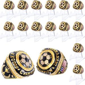 Misdary Soccer Baseball Basketball Championship Rings with Holder Most Valuable Player Trophy Gold Ring Award Gift Team Prize for Football Tournament Winner (16 Pcs)