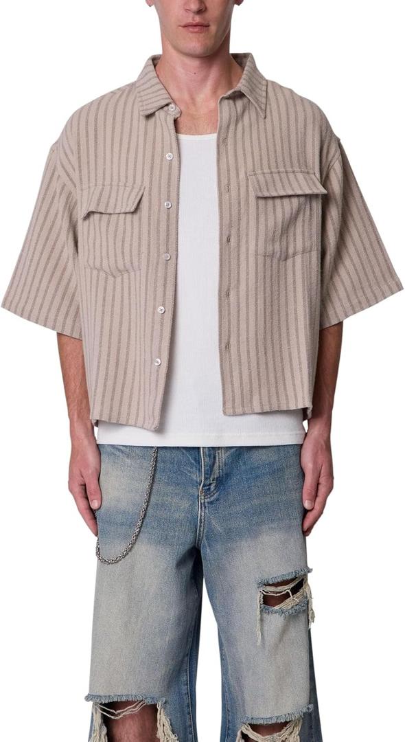 Mnml Men's Cropped Boxy Striped S/S Shirt - Khaki, M