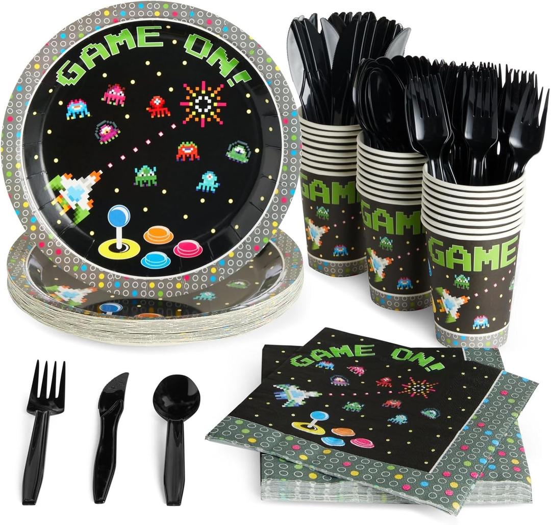 Juvale 144-Piece Retro Video Game Party Supplies - Includes Plates, Napkins, Cups, and Cutlery for Arcade Birthday Party Decorations (Serves 24)